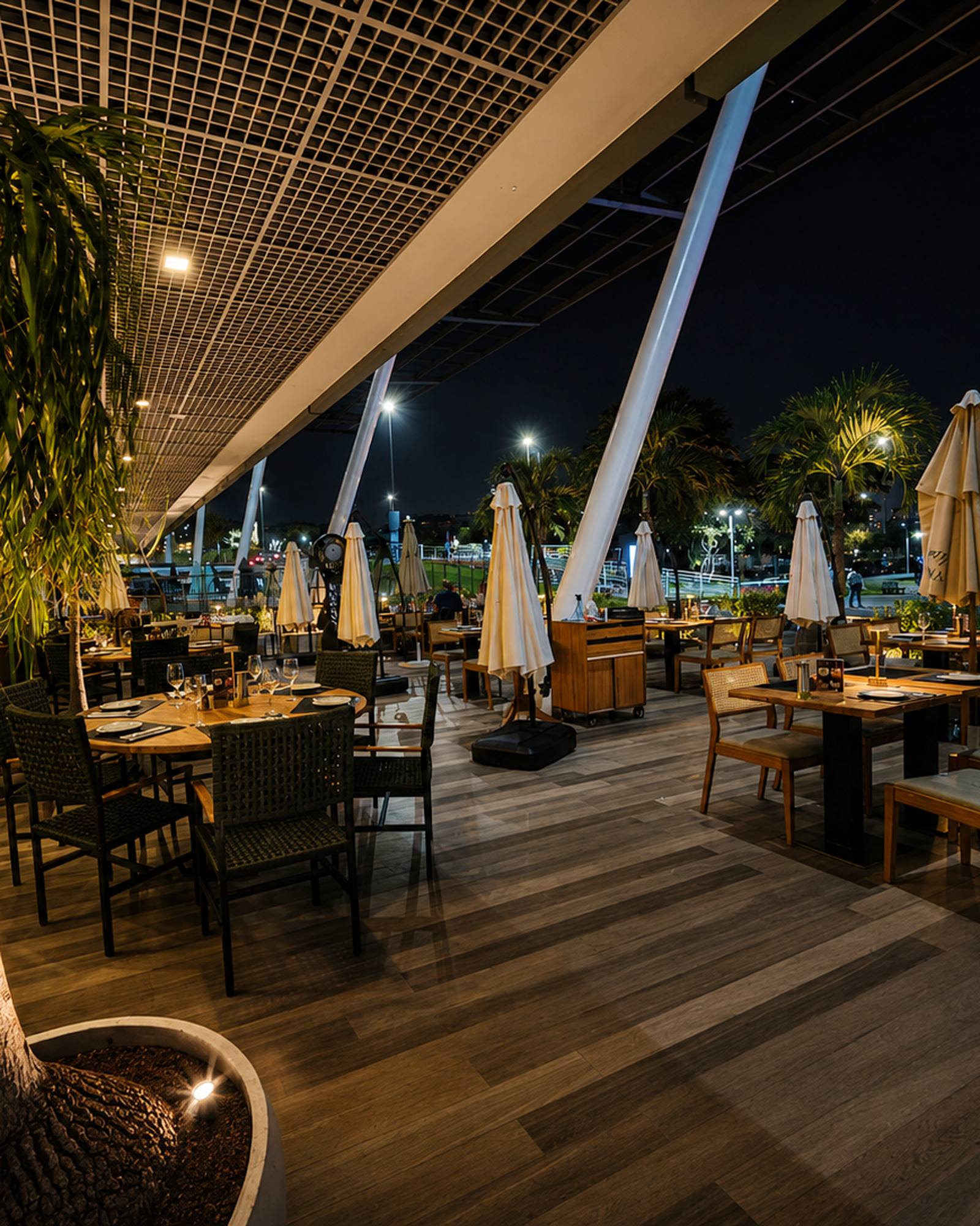 BOTA veranda at night, tables set