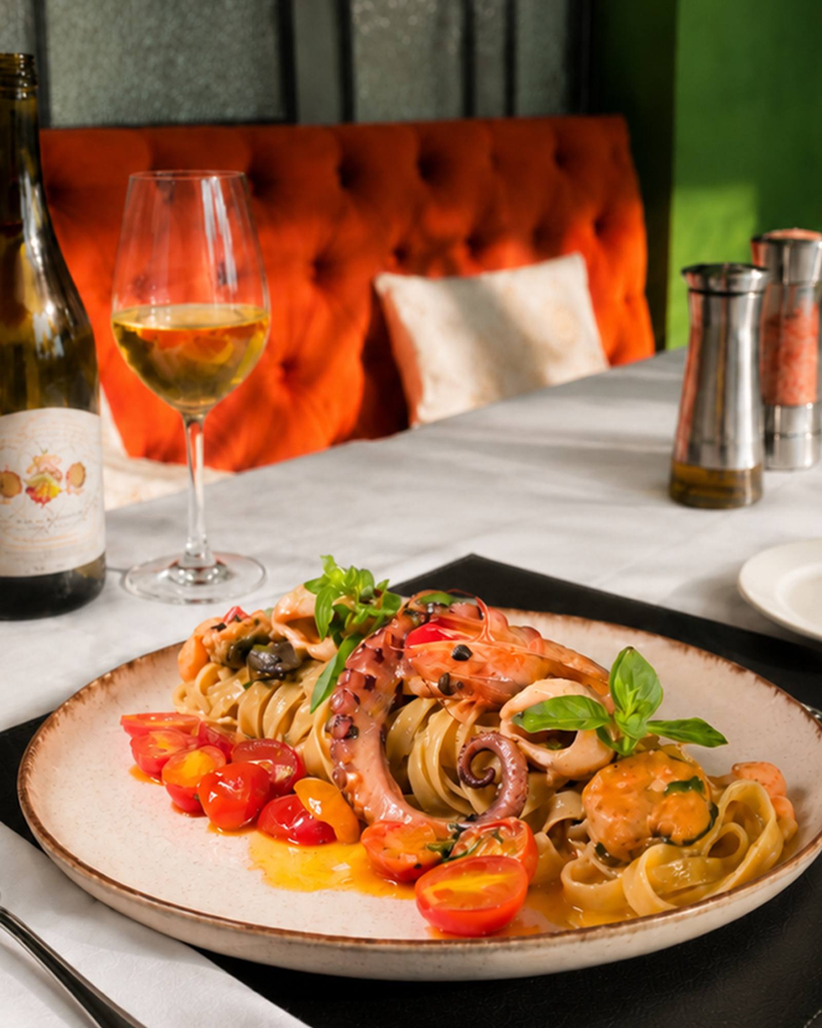 Tagliatelle with octopus and cherry tomatoes